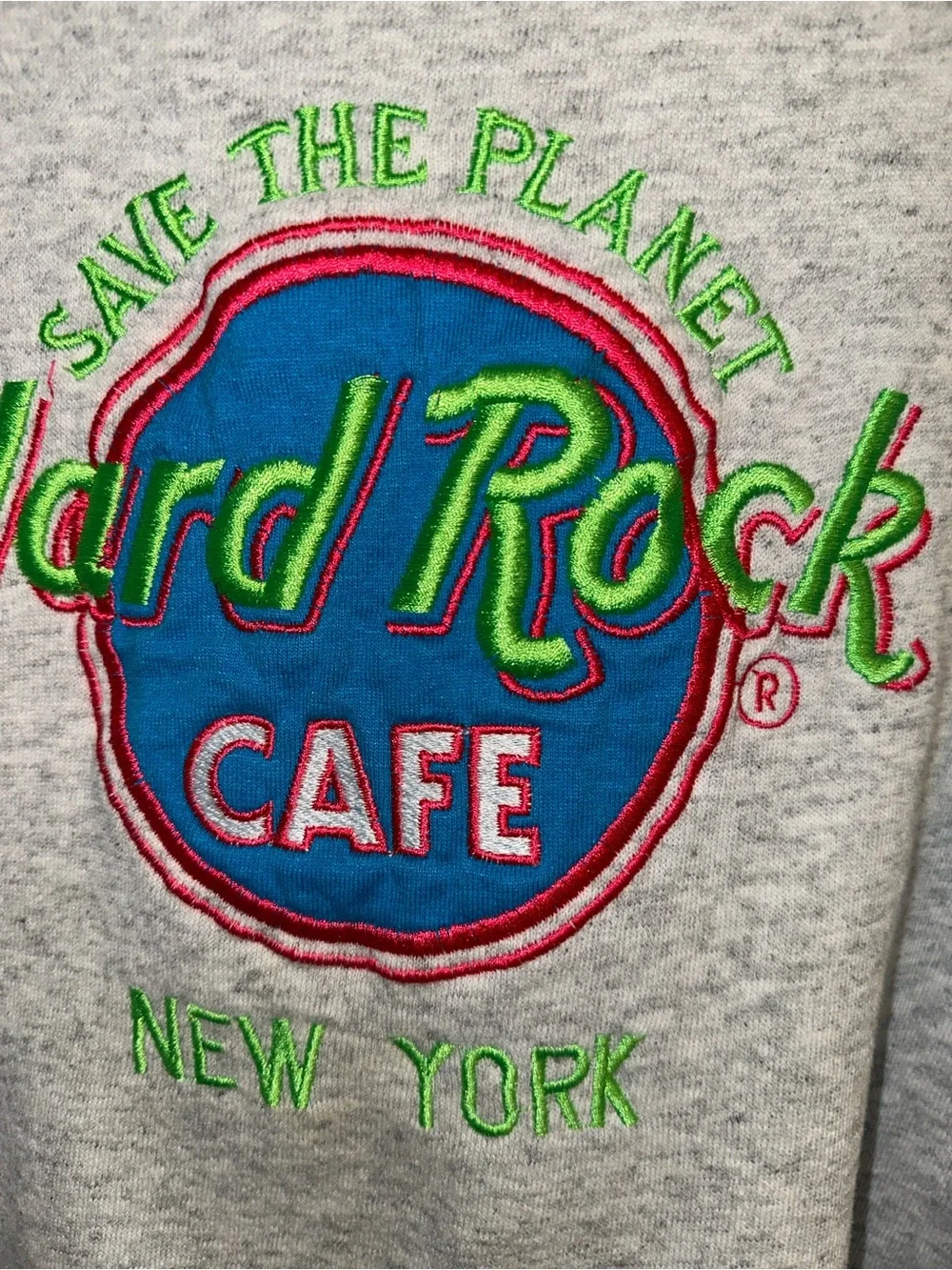 Hard Rock Cafe Vintage Grey Crewneck Sweatshirt with Blue and Pink Logo